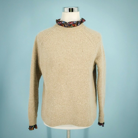 Boden Size 8 Tan Ribbed Knit Floral Print Ruffle Neck Cuffs Wool Blend Sweater - Picture 1 of 7